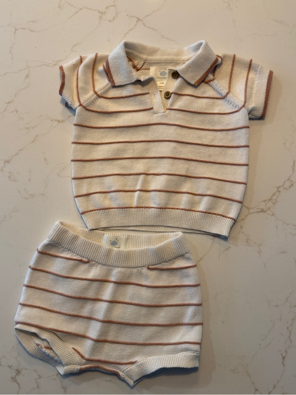 Cloud Island Cream Knit Polo & Striped Shorts Set